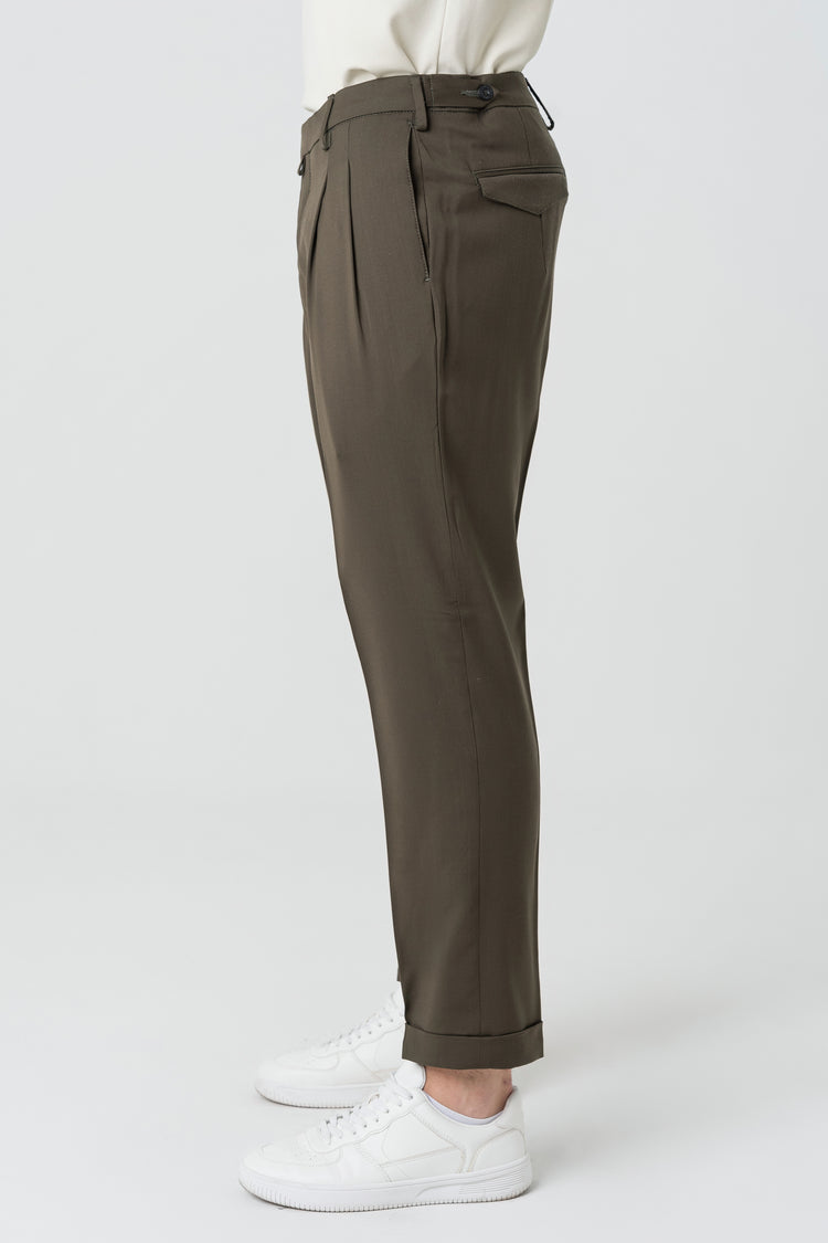 Pantaloni Carrot Fit in Lana 110'S Fango